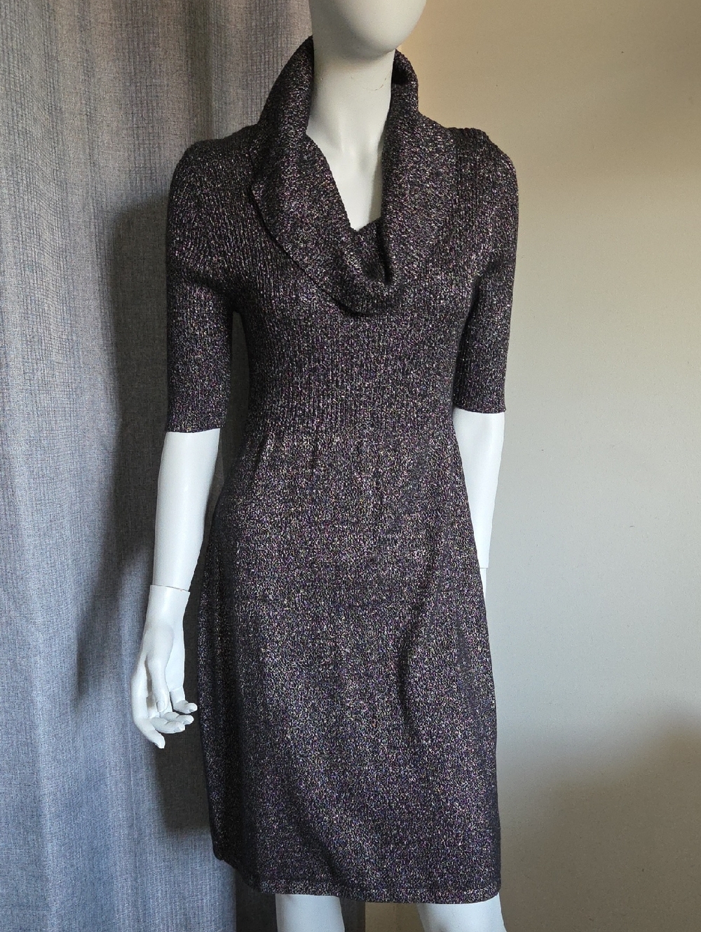 Jones & Co. Black & Silver Metallic Sparkle Knit Cowl Neck Half-Sleeve Dress